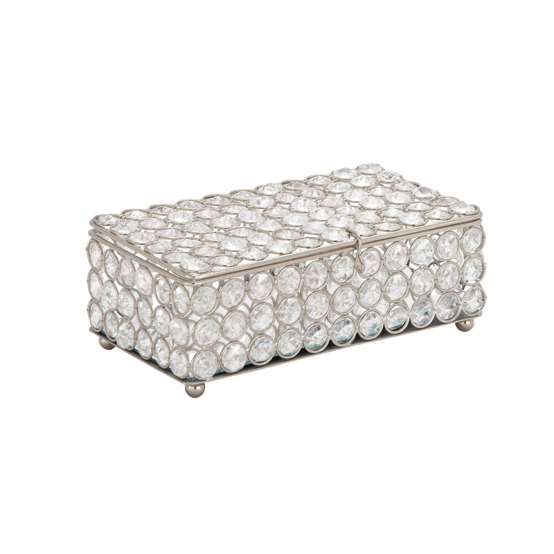 Silver Metal Rectangular Jewelry Box with Rhinestone Embellishments