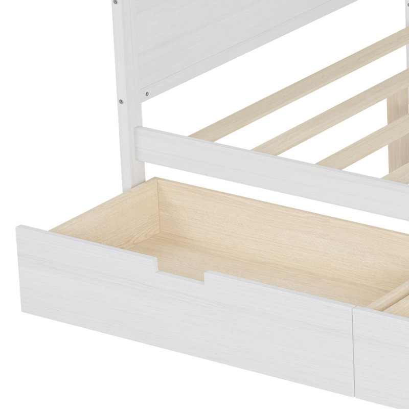 Classic Wooden Storage Daybed with Bookcase, a Side Armrest Table, and Two Under-Bed Drawers, Twin, Antique White