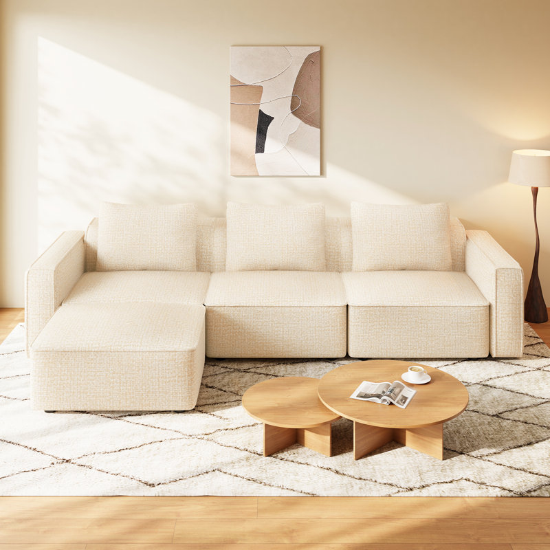 103”L Shaped Sectional Couch, Chenille Compression Deep Seat Modular Sofa, Beige Chenille