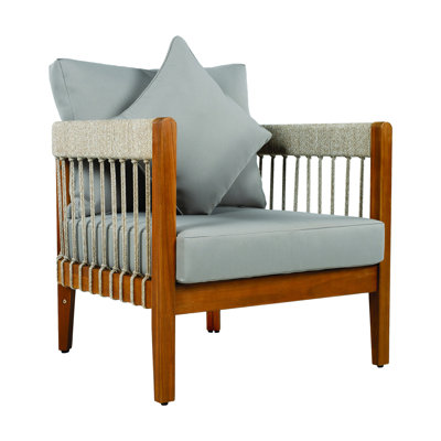 Fauteuil club d'extérieur en bois d'acacia avec détails en corde tissée à la main et dossier incurvé - Fauteuil de patio Boho résistant à l'eau avec coussins amovibles pour le porche, le jardin