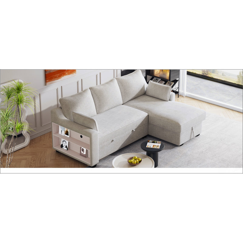 Canapé-lit convertible de 90 po en L avec canapé-lit, méridienne, supports de rangement et ports USB 