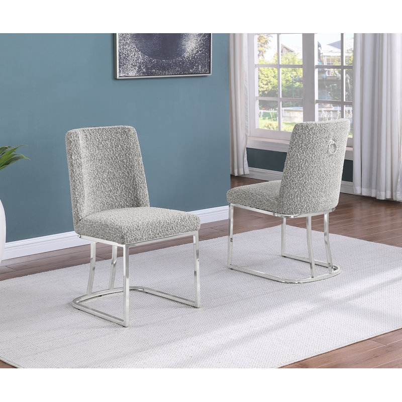Minimal Side Chairs With Boucle Fabric Base, Rich Gray, Silver