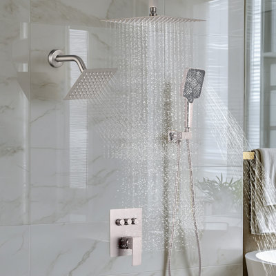 Ensemble de robinet de douche, système de douche à pluie au plafond de 12 pouces avec tête de fixation murale de 6 pouces et douchette à main 4 en 1, valve rotative à double fonction en laiton à 3 fonctions et ensemble de garniture, nickel brossé