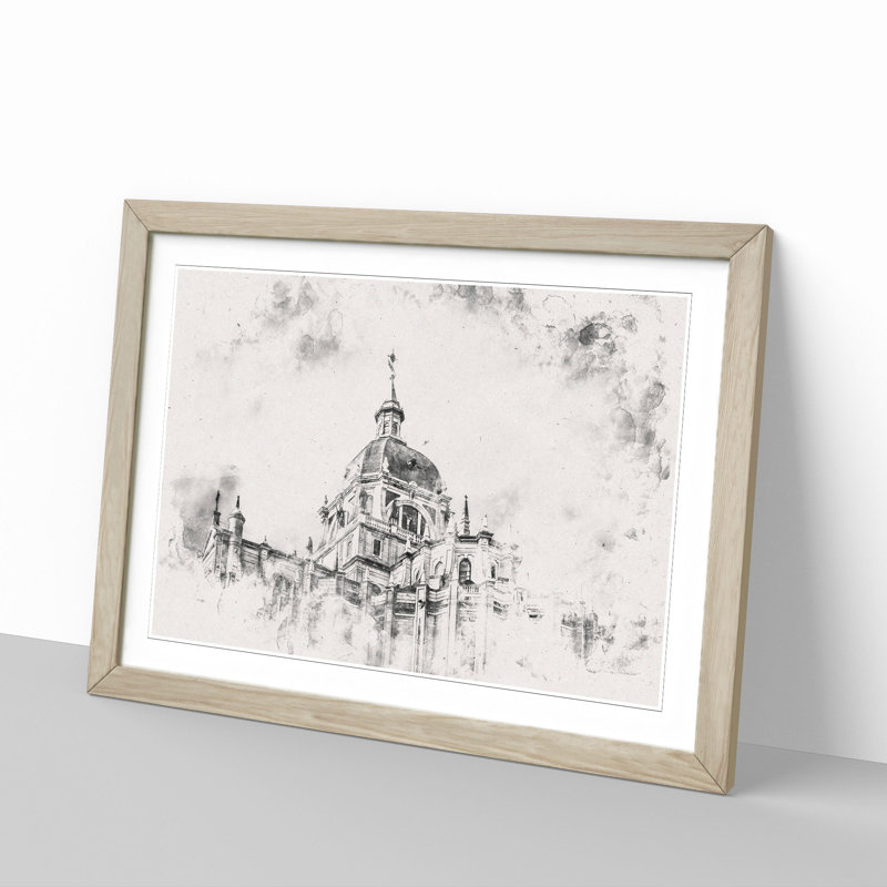 Almudena Cathedral In Madrid Spain Watercolour - Single Picture Frame Print on MDF, Oak Framed, 36cm H x 48cm W x 2cm D