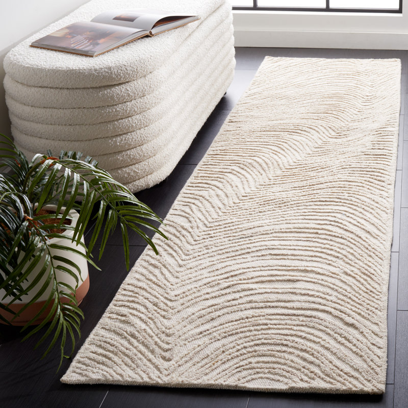 Tapis blanc en laine et en coton touffeté à la main Aniessa, Tapis de couloir 2 pi 3 po x 9 pi