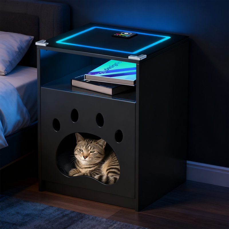 Table de chevet avec station de charge, table de bout pour lit de chat, table de chevet noire moderne avec lumières DEL, tables de chevet avec rangement pour chats