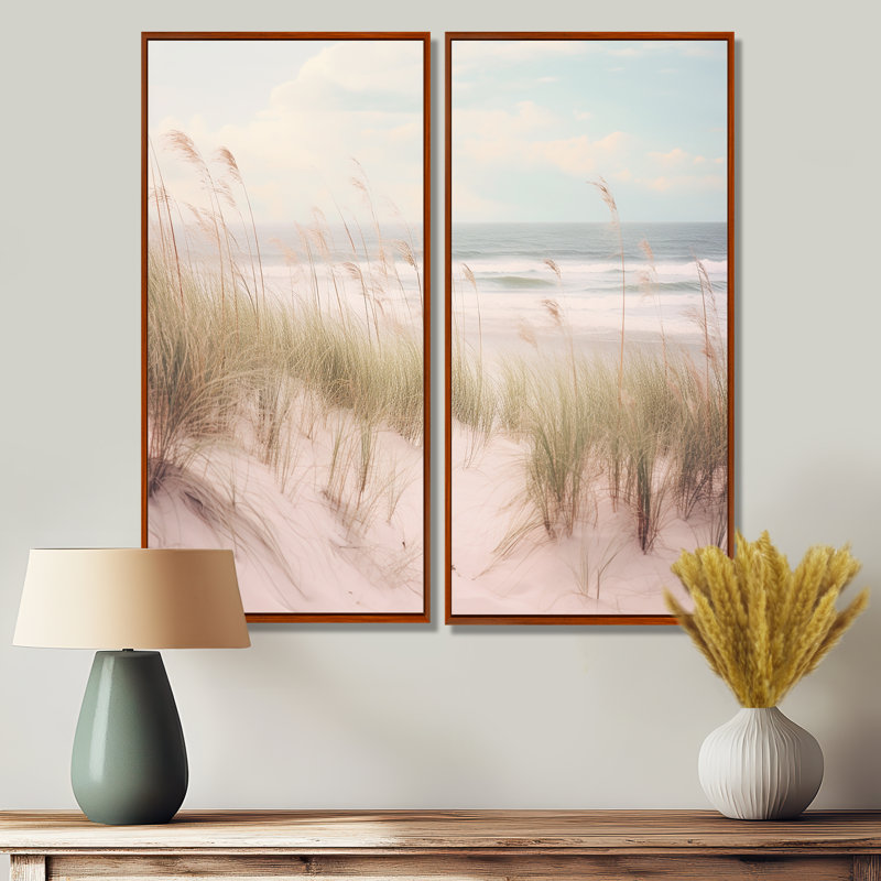 «Ocean Spring Bliss Tender Pastel Beach Grass» - art mural nautique rose, H 32 po x l 32 po, Brun