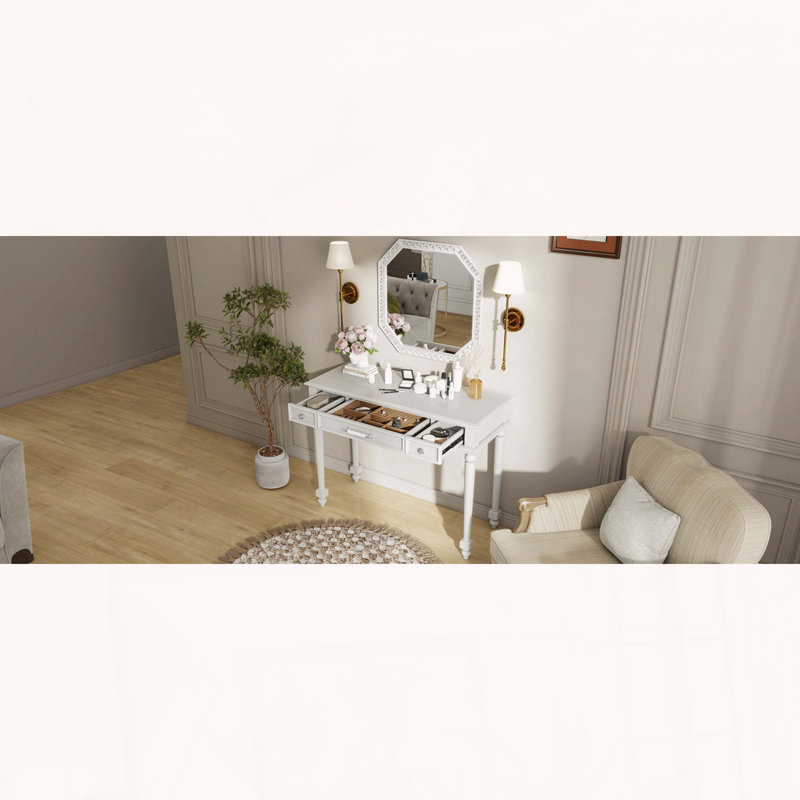 Bureau de coiffeuse rétro avec miroir octogonal et plateau à bijoux