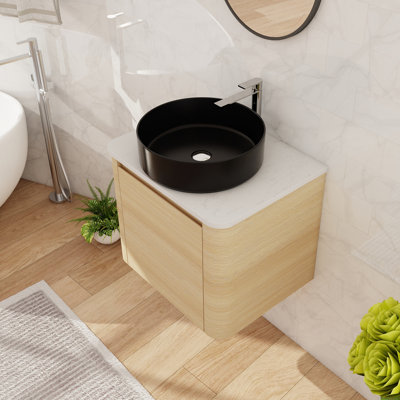 Meuble-lavabo flottant simple 24 po avec lavabo d'art en céramique, meuble-lavabo mural avec 1 porte à fermeture en douceur