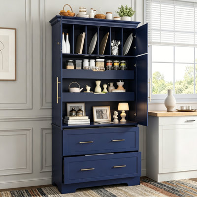 72.6'' Kitchen Pantry, 4 Doors Dining Storage Cabinet with Pull-out Trays, Drawers and Cake Pan Storage