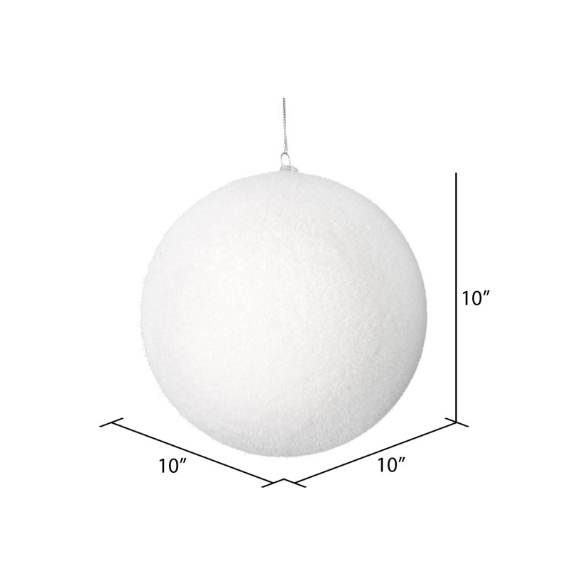 Ornement boule floquée, H 10 po x l 10 po x P 10 po, Blanc