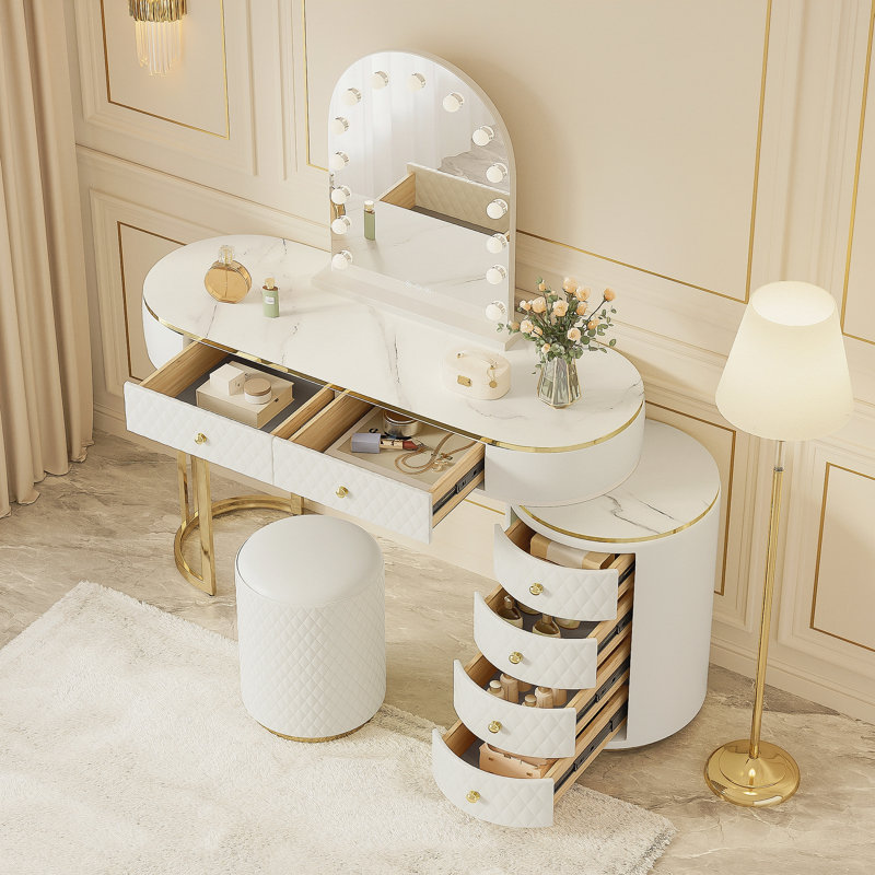Luxury Makeup Vanity Desk with 3-Color LED Mirror & Stool, Adjustable Length Vanity Table with Movable Side Cabinet, 6 Drawers Storage, Marble-Look Sticker Top, PU Leather Drawers, Gold Stainless Stee