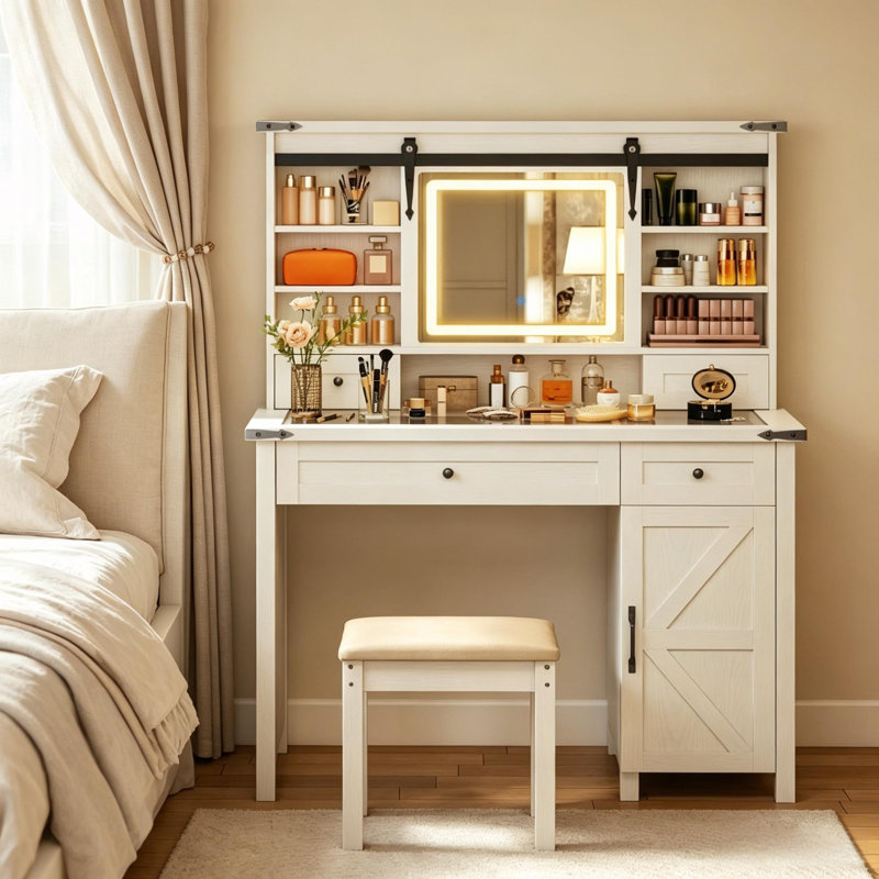 Coiffeuse de maquillage avec miroir DEL et tabouret rembourré