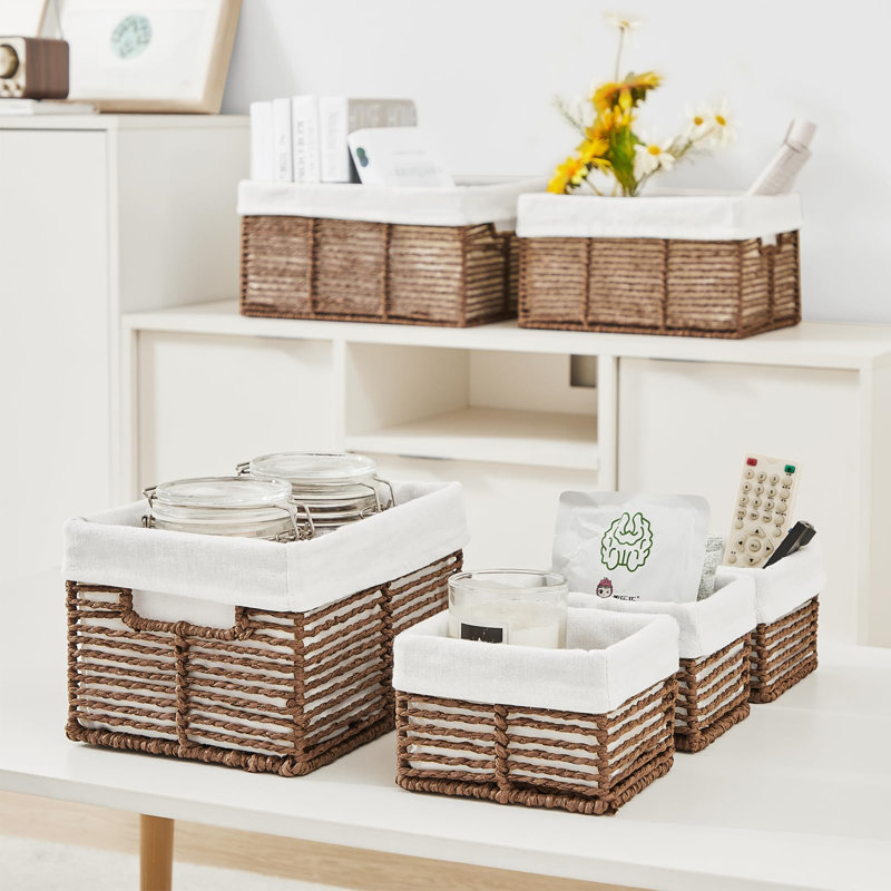 Wicker Storage Baskets, 6 Pack Rectangular Baskets With Handle For Organizing, Cube Storage Bins For Closet/Clothes/Dresser, Brown