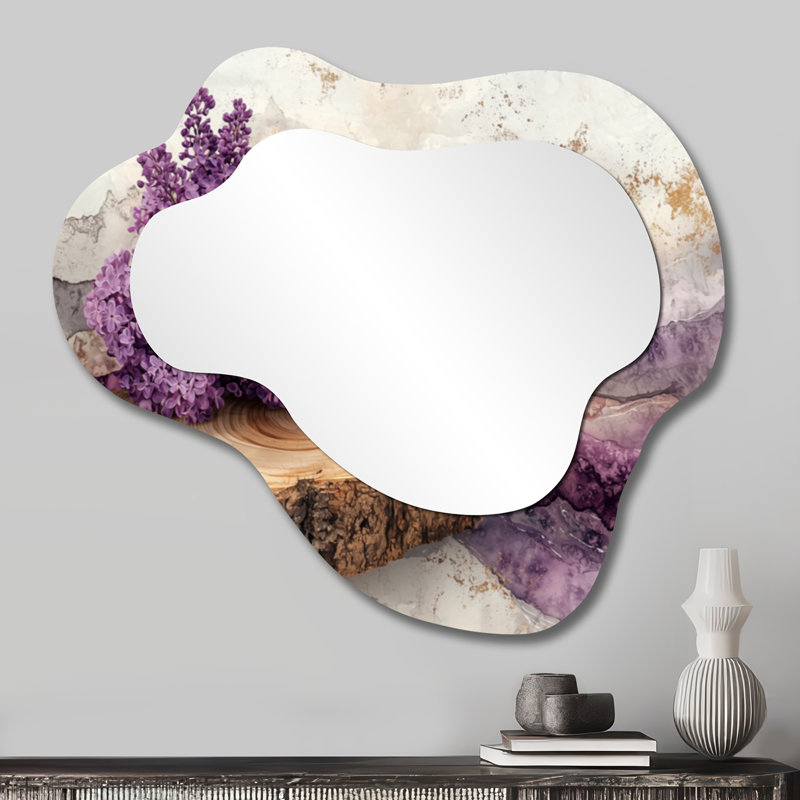 Lilas fleurs dans un toboggan en bois I - miroir mural asymétrique lilas, miroir de coiffeuse traditionnel, imprimé sur métal