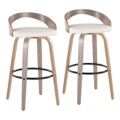 Swivel Barstool Set Of 2 With Light Grey Bent Wood Frame, White Faux Leather Seat, And Round Black Metal Footrest For Modern Kitchen Islands And Home Bars.