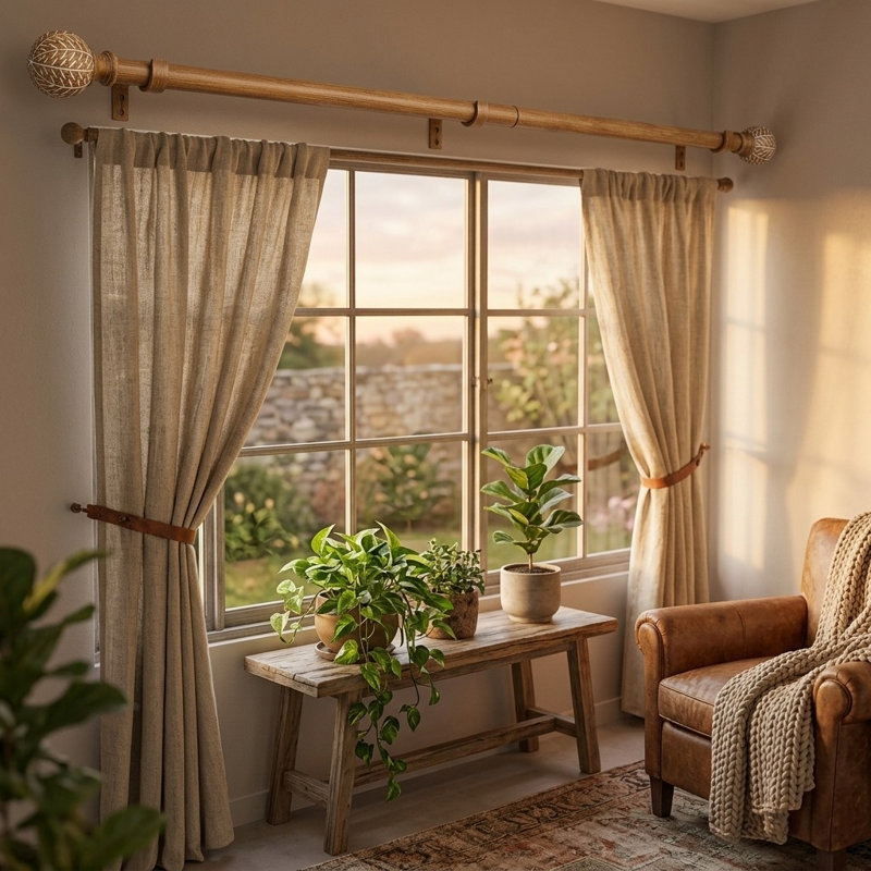 Tringle à rideaux réglable 1 "en bois 36-88" avec fleurons à motif de feuilles, ensemble de tringle à rideaux Boho robuste