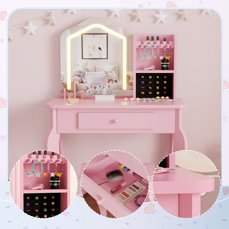 Lighted Mirror Kids Vanity Set with Stool - Makeup Table Playset for Little Girls Ages 3-8 - Sturdy, Child-Friendly - Ideal for Bedroom or Playroom - Color: Pink