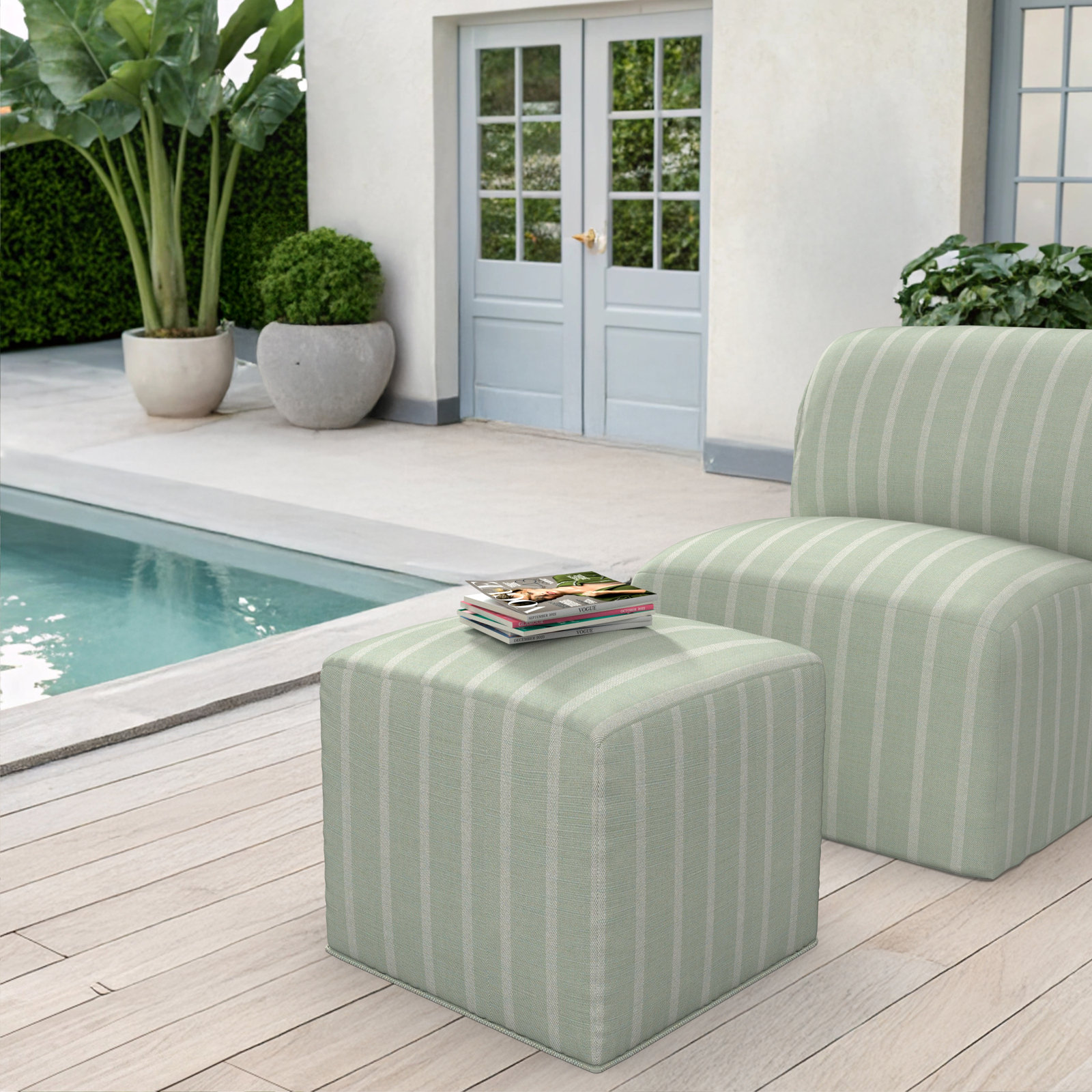 Praia Sunbrella® Outdoor Ottoman, 18" H x 18" W x 18" D, Unwind Rainwashed Striped Sunbrella®
