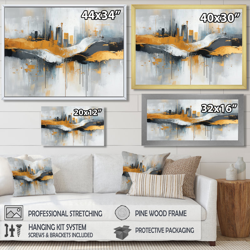«Bold Minimalisme Cityscape Horizion I», art mural paysage urbain, H 12 po x l 20 po, Cadre flottant, Doré