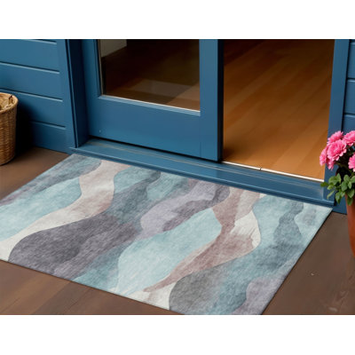 3' X 5' Teal Blue And Plum Abstract Washable Indoor Outdoor Area Rug
