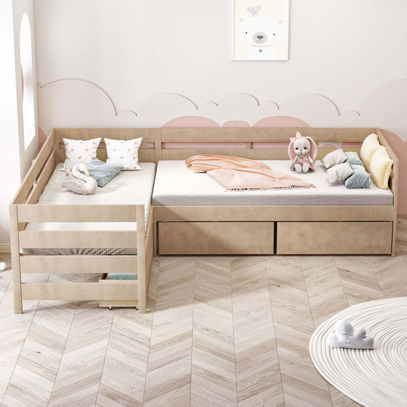 Lit plateforme en L avec trois tiroirs de rangement, Naturel