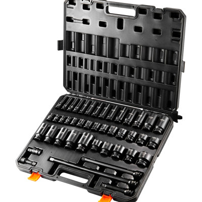 1/2in Drive 43pcs Impact Sockets 6 - Point Bit Ratchet Tool Kit In Cr Mo Alloy For Excellent Resistance And Clear Size Identification
