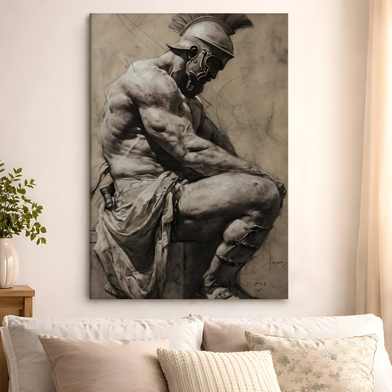 Art mural encadré sur toile, Guerrier musclé dans un casque, assis avec un drap, style croquis au crayon réaliste. Décoration murale, grande œuvre d'art pour le salon, prête à être suspendue, 24 po x 36 po