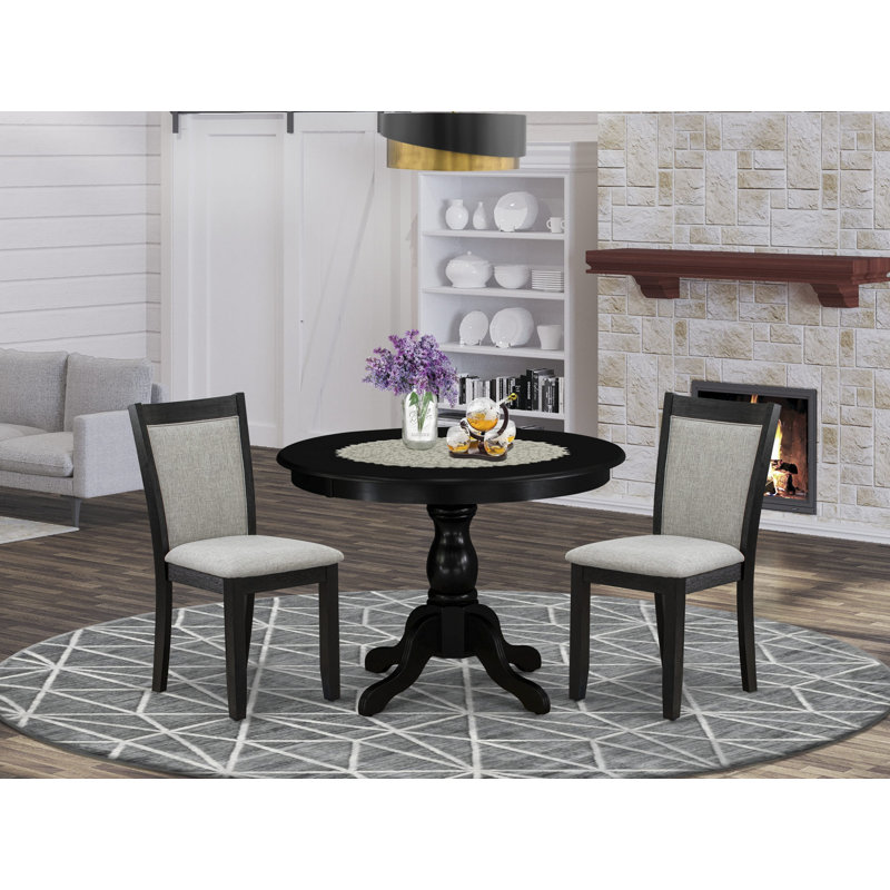 L'ensemble de table de cuisine 3 pièces comprend une table de salle à manger ronde avec piédestal et 2 chaises rembourrées en tissu Shitake, 42 po x 42 po, noir brossé