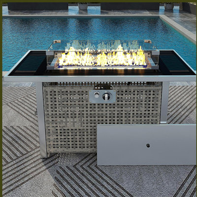 43" Propane Gas Fire Pit Table, 60,000 BTU Rectangular Open Weave Wicker Fire Pit with Glass Windscreen, Suitable for Outdoor Patio, Balcony, Garden, and Backyard