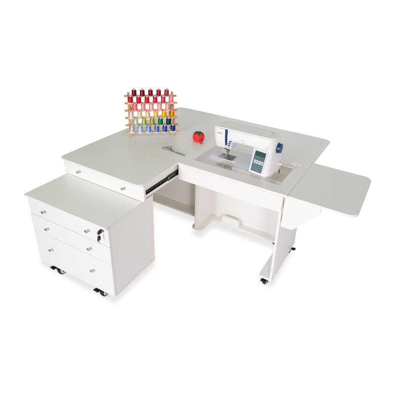 57.35'' x 21'' Foldable Split Top Table with Sewing Machine Platform and Wheels, Ash White