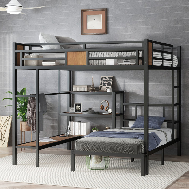 Lit superposé en métal au-dessus d'un lit simple avec tablettes et crochets de rangement, cadre de lit mezzanine multifonctionnel moderne, garde-corps robustes, certifié CPC, idéal pour les enfants, les adolescents et les dortoirs