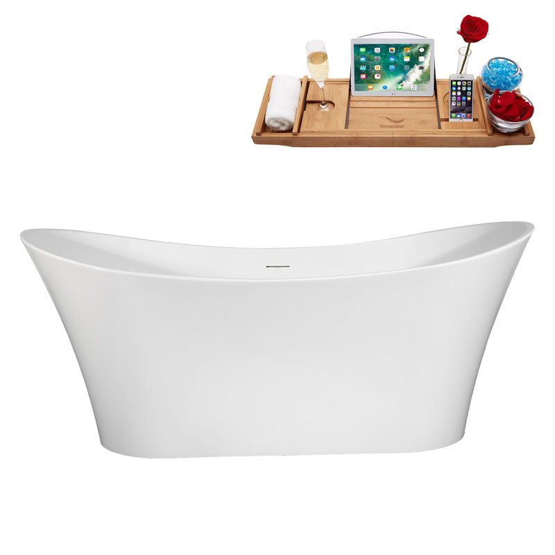 67" Streamline Soaking Freestanding Tub and Tray With Internal Drain, Matte Black