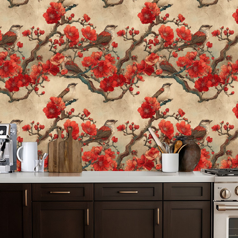 Papier peint adhésif auto-adhésif de luxe Botanical Blossom Songbird, 117.6" L x 17.5" W
