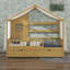 Cadre de lit maison avec toit à baldaquin et rideaux, 2 tiroirs de rangement, 2 rangées de tablettes de rangement, barrières de sécurité, lit en bois-132937047-132937050