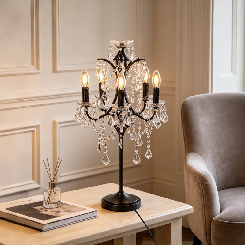 5-light Farmhouse Tranditional Crystal Table Lamp Black Craft Candelabra Lighting Fixture