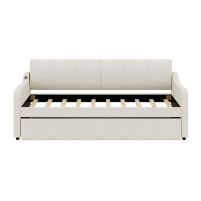 Upholstery Daybed With Trundle And USB Charging Design,Trundle Can Be Flat Or Erected
