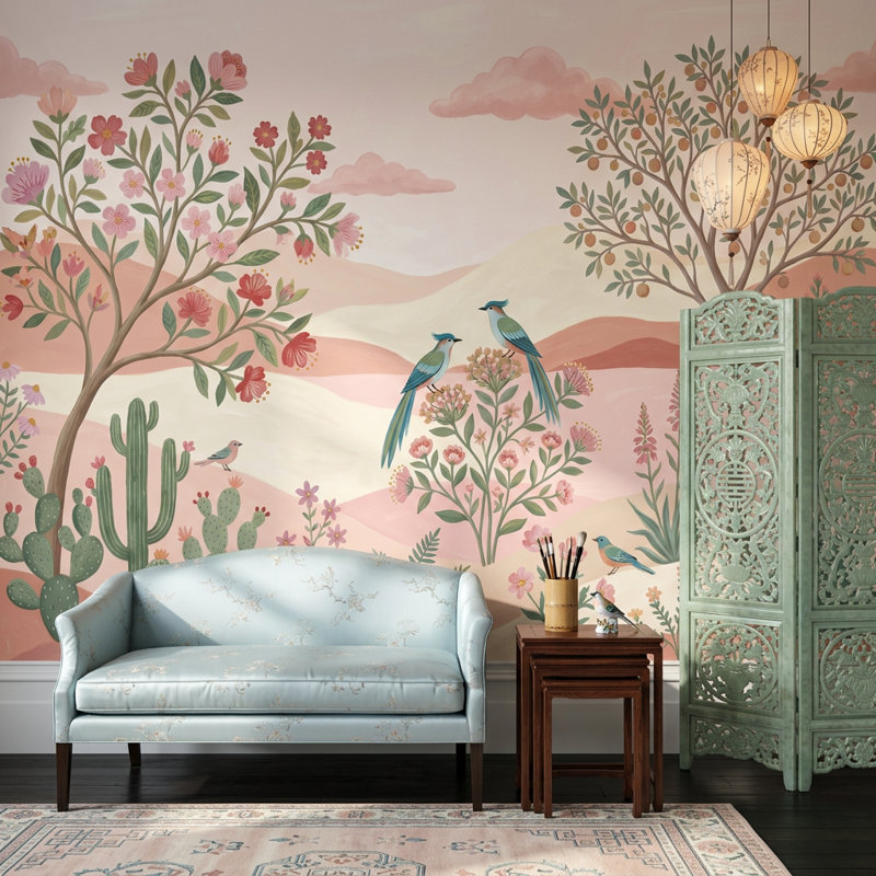 Décoration murale pastel désert paysage floral botanique amovible oiseaux, 200 po x 120 po, Non tissé