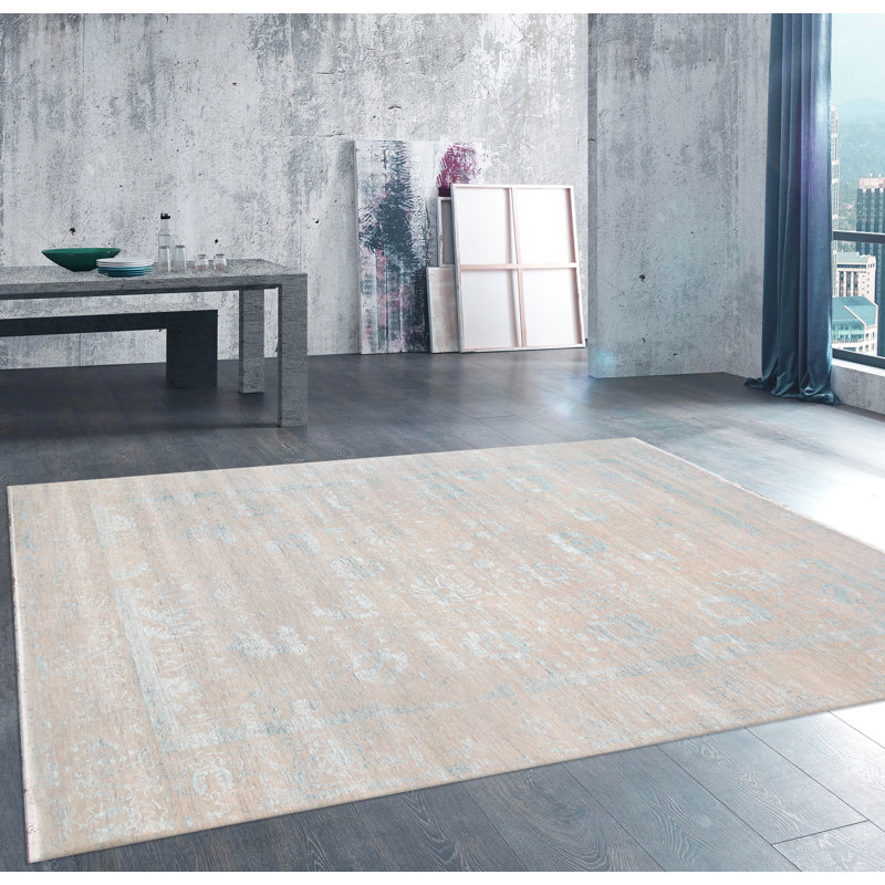 Tapis rectangulaire argenté / beige en laine / soie / rayonne noué à la main Rectangle, Rectangle 9 pi x 11 pi 10 po