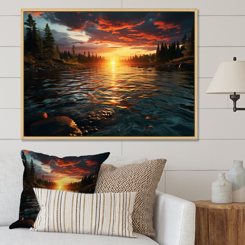 Coucher de soleil sur les eaux scintillantes, Cadre naturel flottant, H 30 po x l 40 po x P 1,5 po