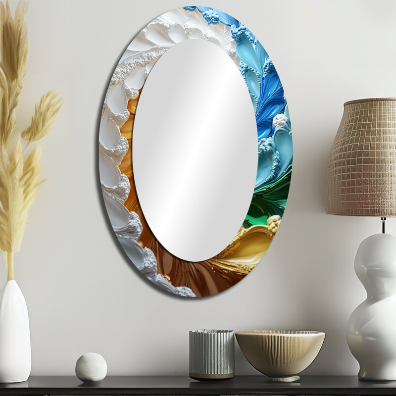 Jaune et bleu fractal kaléidoscope Dreams I - Miroir mural moderne ovale, 36 po x 24 po