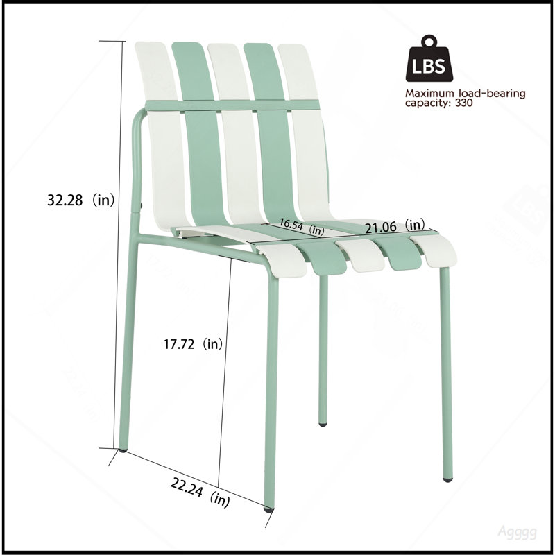 Été - Paquet de 4 chaises à blocs de couleur à rayures modernes - Siège en PP imperméable et pieds en métal robustes, ensemble repas intérieur / extérieur pour patio, balcon, café (blanc et vert)
