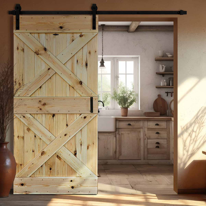 Khanh Solid Pine Sliding Door, Natural