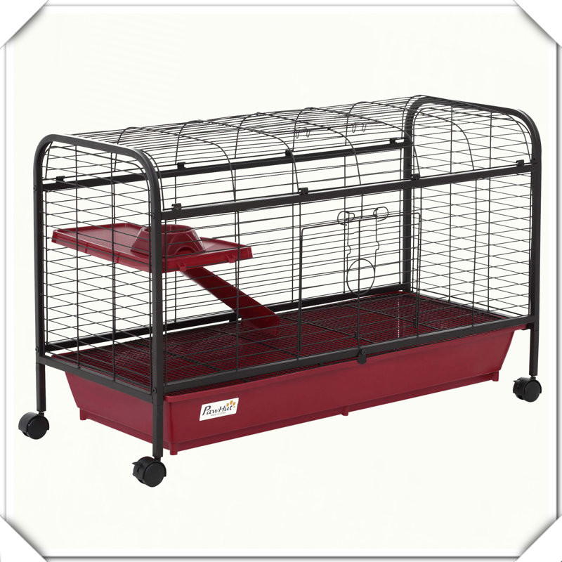 Cage pour petits animaux avec plateforme à roulettes et rampe