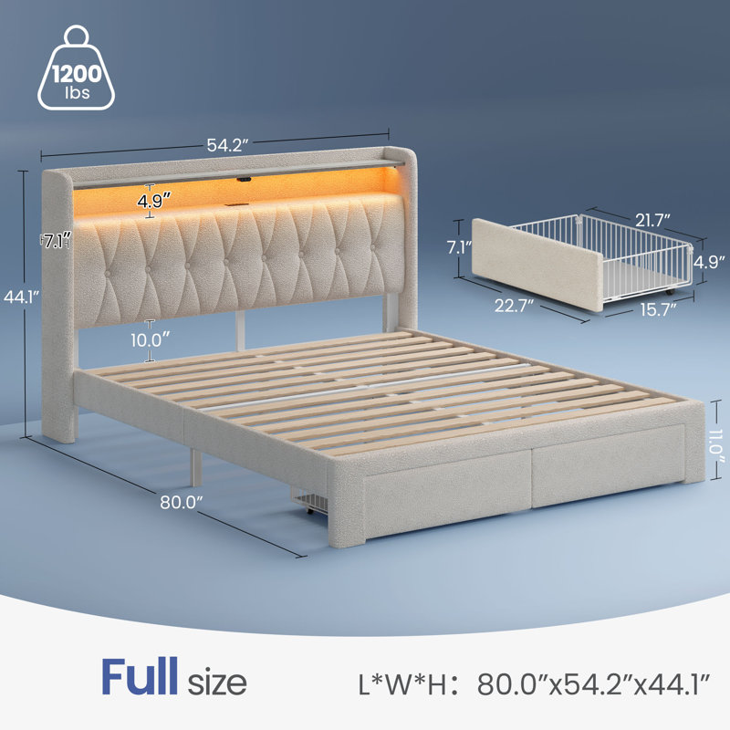 Bed Frame with RGB LED Lights, Upholstered Bed with Drawers and Charging Station, Full/Double, Beige