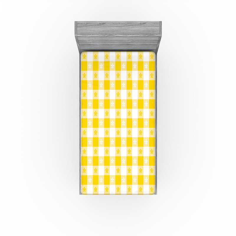 Drap-housse orange Ambesonne, Jaune / guingan blanc / floral, Drap-housse pour lit simple TG