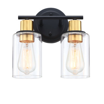 Luminaire de salle de bain 2 lumières noir et or avec abat-jour en verre transparent