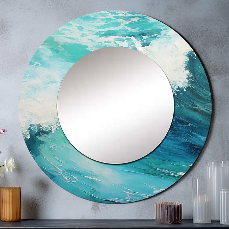 Rukayya Ocean Teal Wave Expression I - miroir à vagues, miroir mural rond unique, impression sur métal, 23 po x 23 po