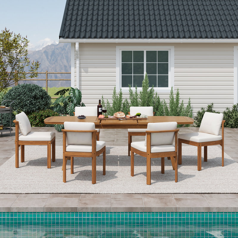 Belara Patio 7-Piece Acacia Wood Dining Set With Expandable Table & Cushions, Teak Finish