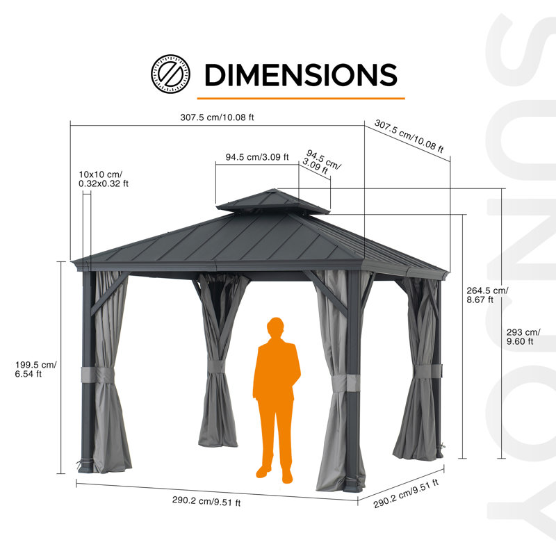 Pavillon de jardin à toit rigide de 10 pi x 10 pi Sunjoy, pavillon de jardin d'extérieur à cadre en aluminium, pavillon de jardin à toit rigide en acier à 2 niveaux avec filet, rideau et crochet de plafond